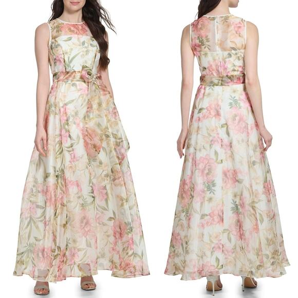 Eliza‎ J. Ivory Multi Floral Illusion Neck Belted Evening Dress Womens 6P NWT - Picture 1 of 16